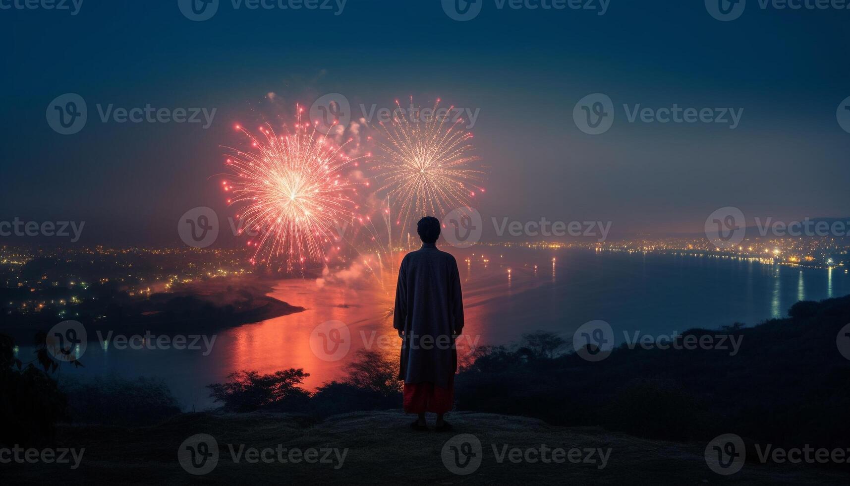 silueta de pie, fuegos artificiales explotando, ciudad horizonte iluminado generado por ai foto