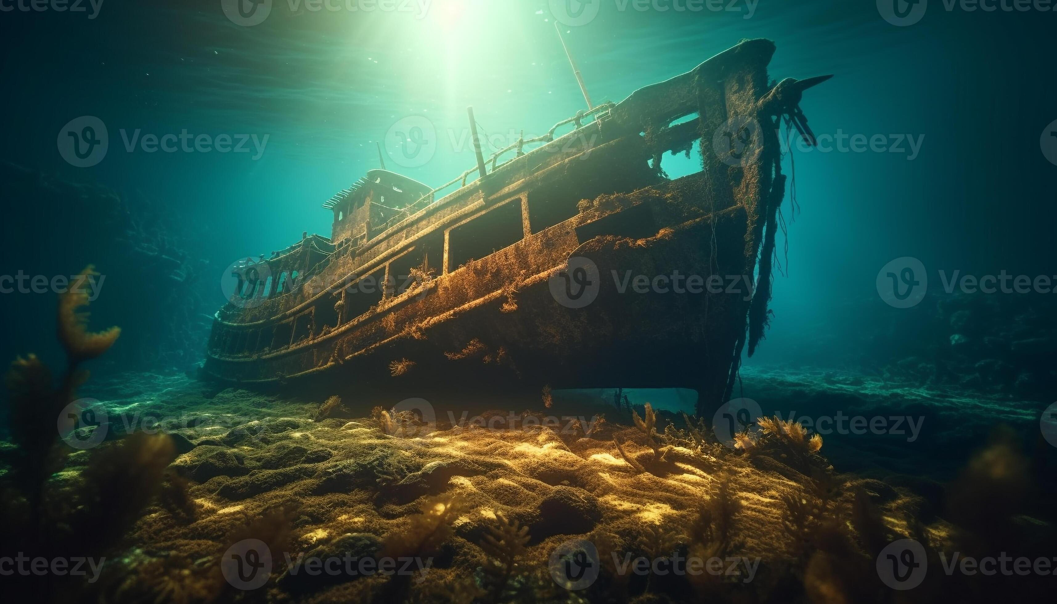 Scuba diving adventure explores sunken shipwreck ruins underwater
