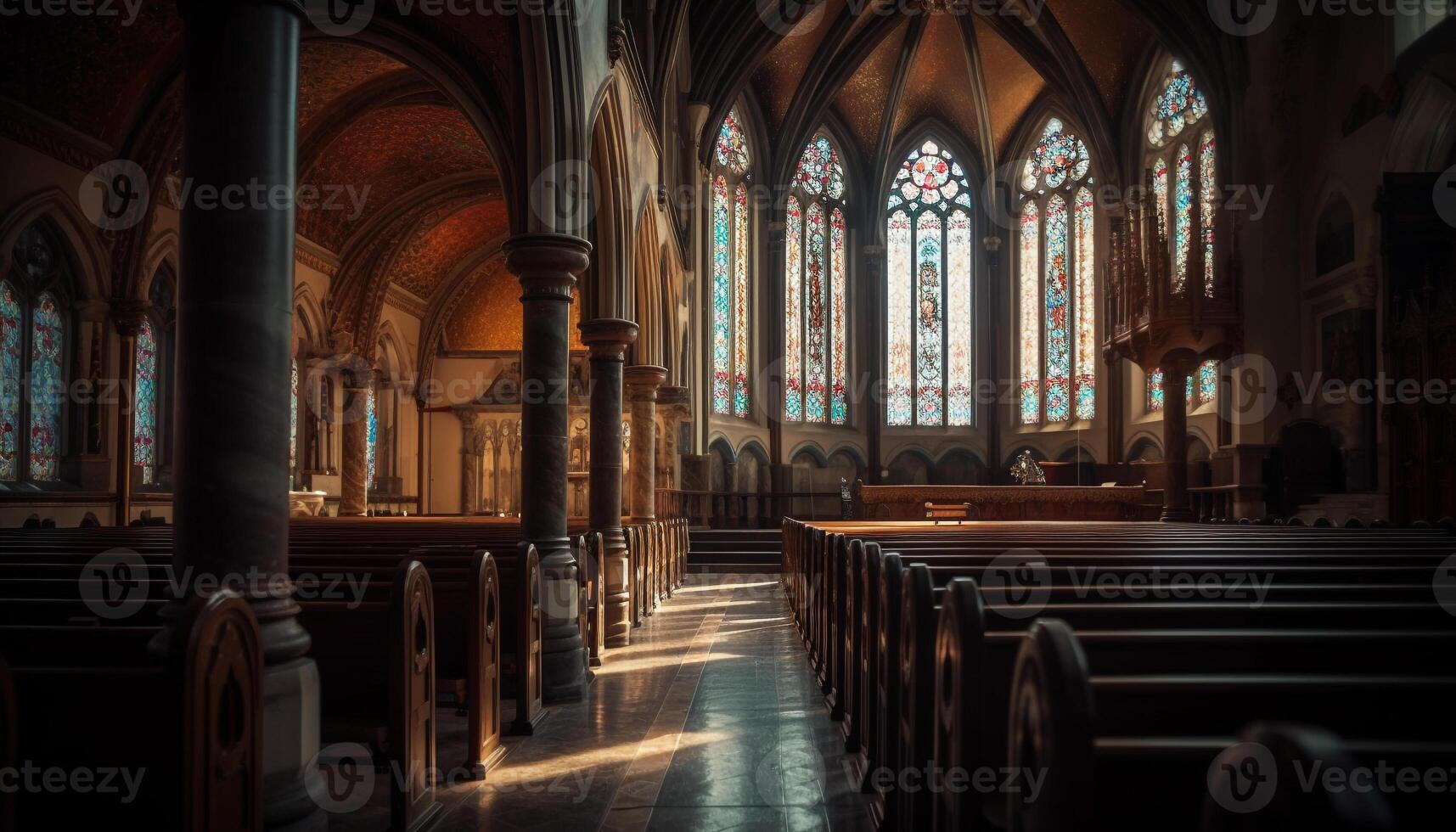 majestuoso basílica con gótico arquitectura y manchado vaso generado por ai foto