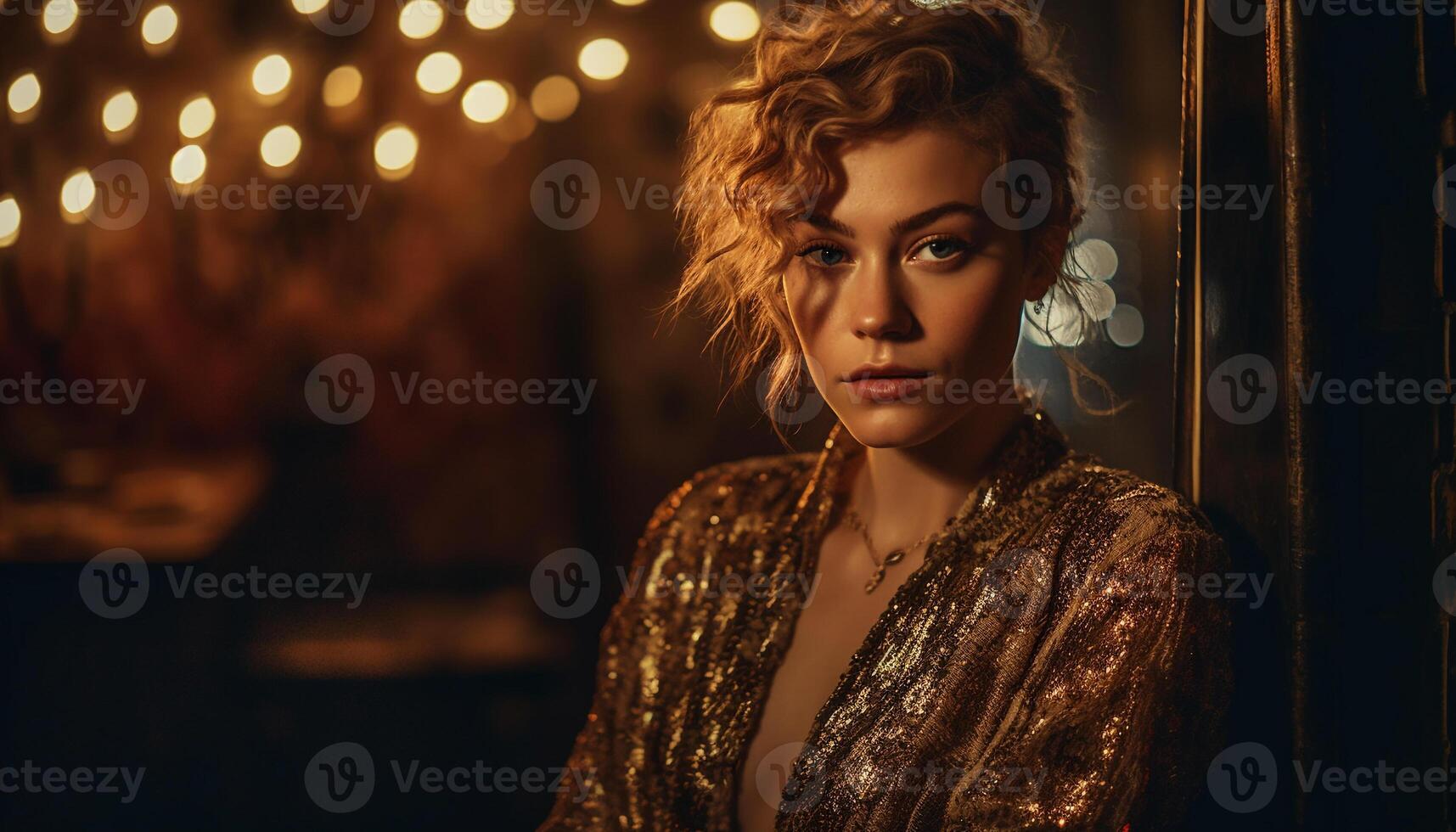 Beautiful young woman exudes confidence in nightlife glamour generated by AI photo