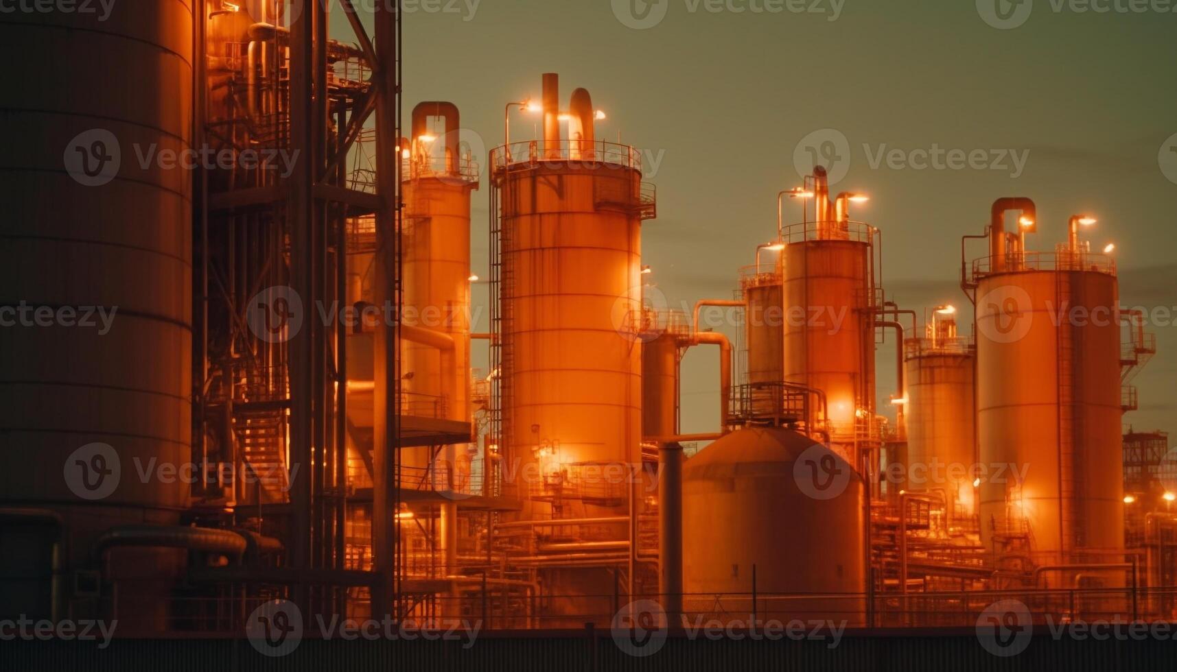 Refinery illuminates dusk with fuel storage tanks generated by AI photo