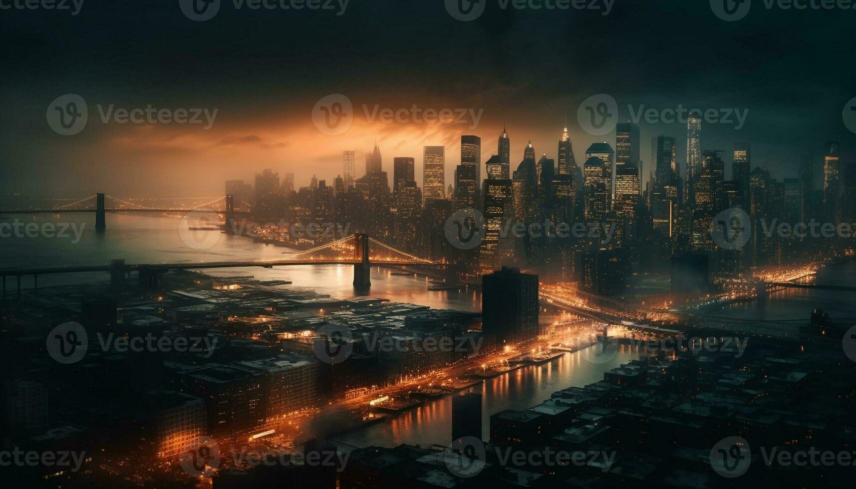 Illuminated city skyline reflects on waterfront at dusk generated by AI photo