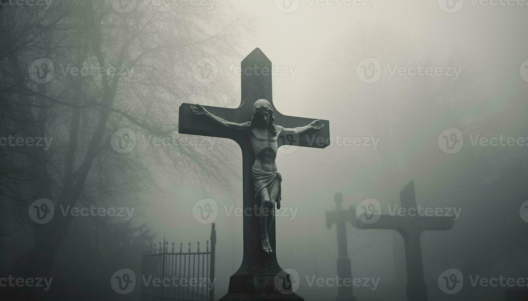 cruzar silueta en niebla, Orando para perdón generado por ai foto