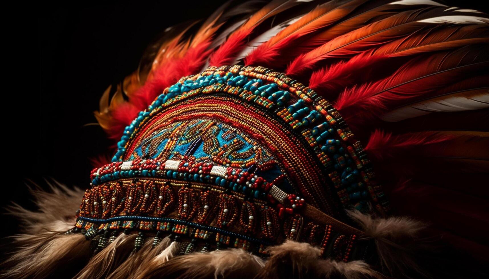 Indigenous elegance in vibrant feather headdress design generated by AI photo