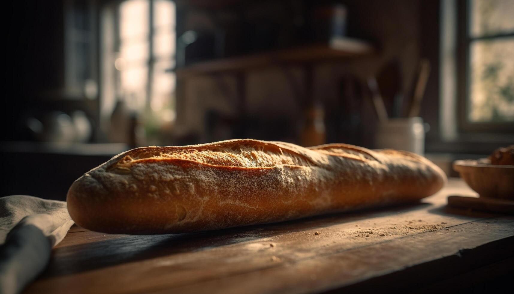 Freshly baked bread on rustic wooden table generated by AI photo