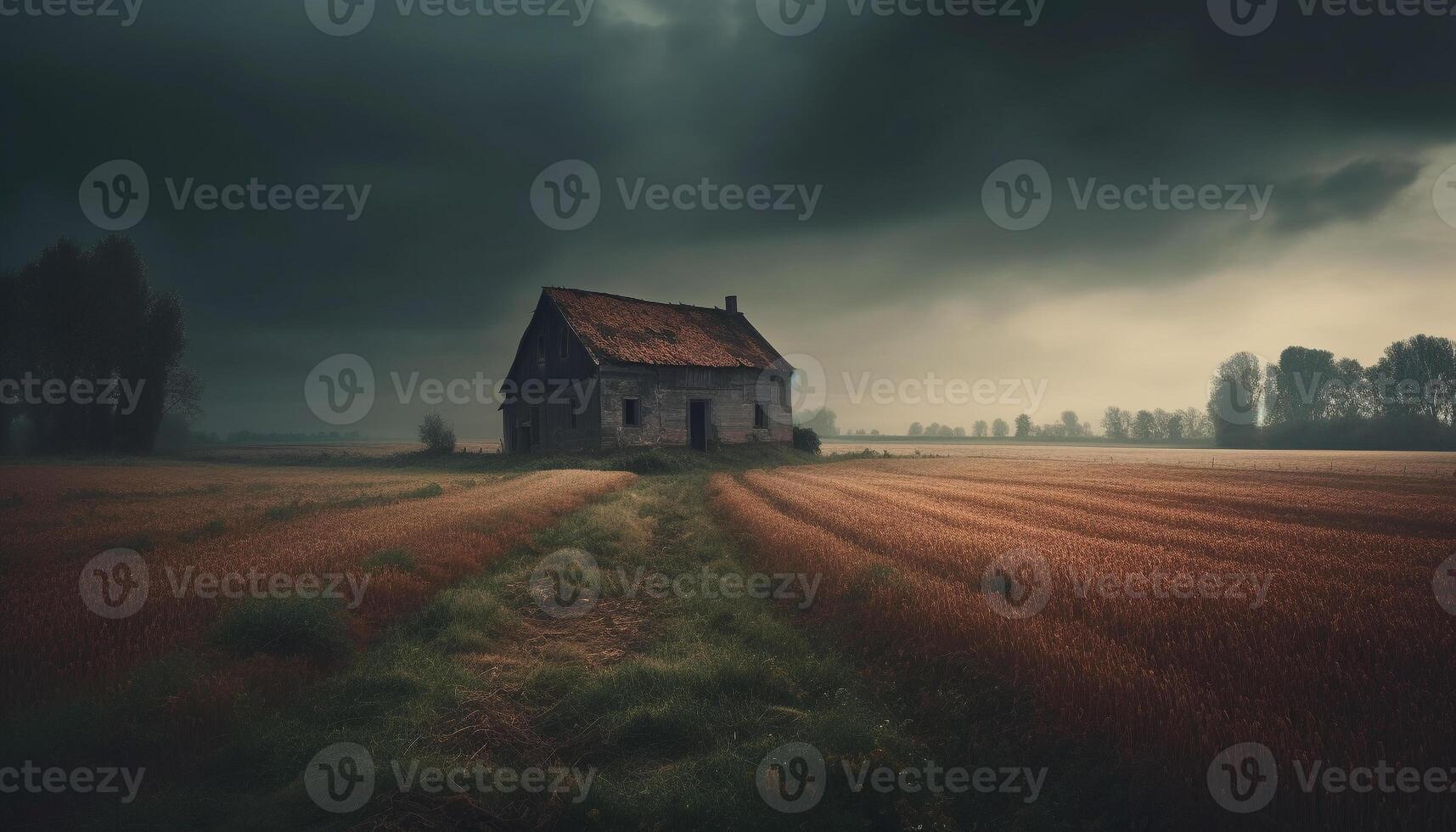 Abandoned farmhouse in spooky meadow at dusk generated by AI photo