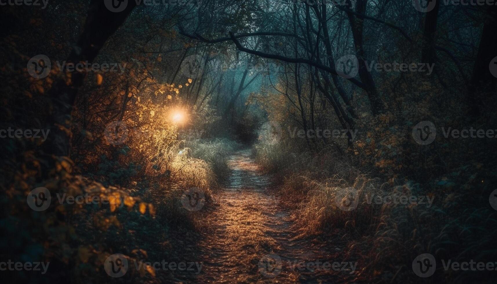 misterioso niebla obenques escalofriante otoño bosque camino generado por ai foto