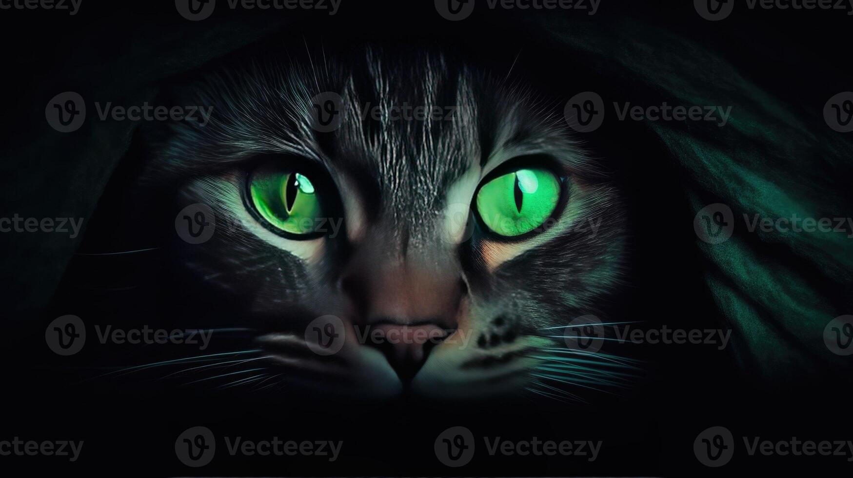 Cat isolated in a dark room with green chroma its piercing eyes glowing in the darkness evoking a sense of mystery and intrigue photo