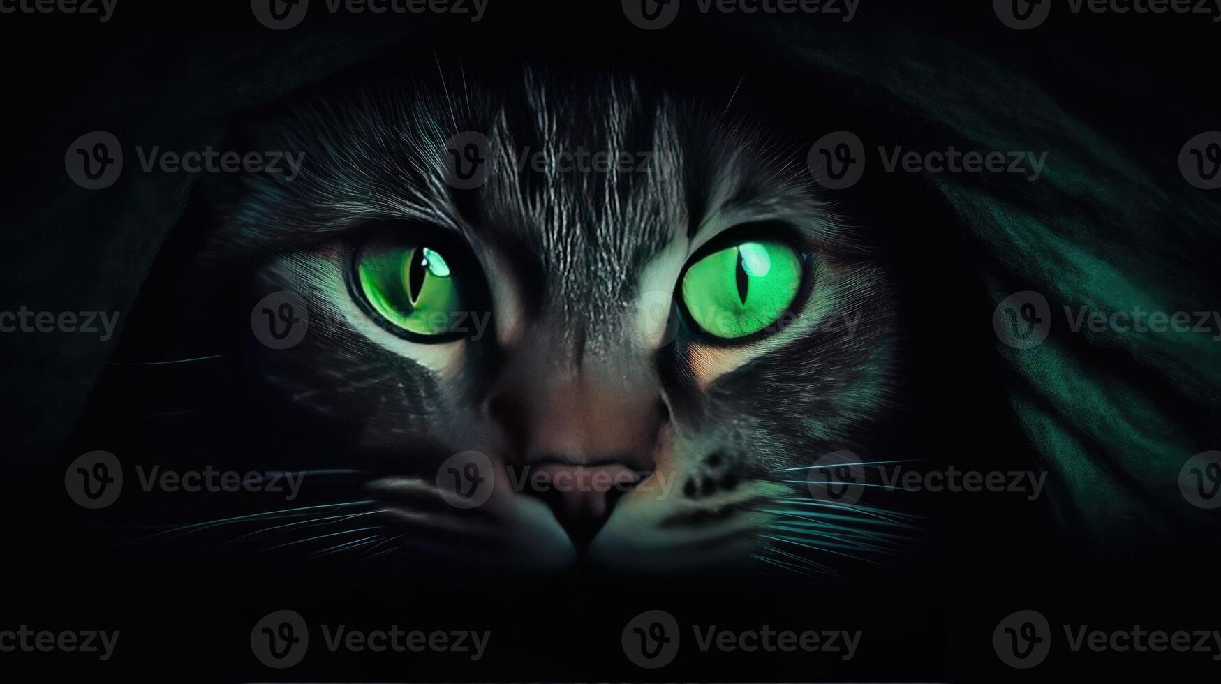 Cat isolated in a dark room with green chroma its piercing eyes glowing in the darkness evoking a sense of mystery and intrigue photo