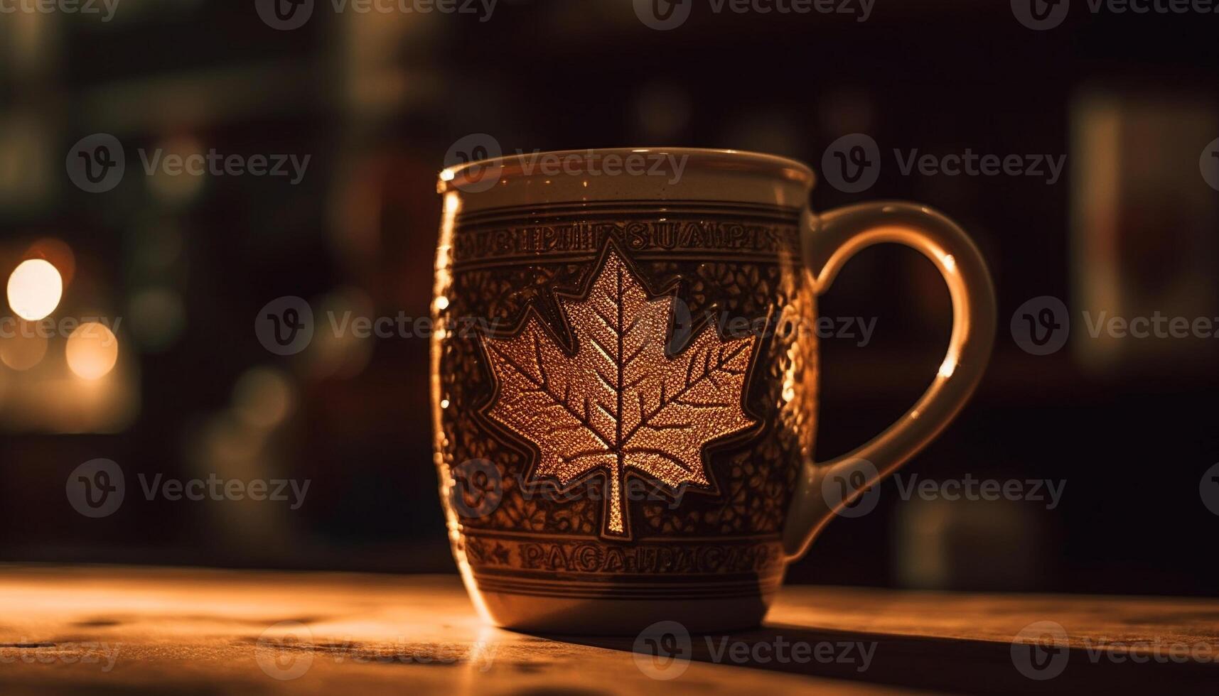 Rustic mug with ornate handle holds coffee generated by AI photo