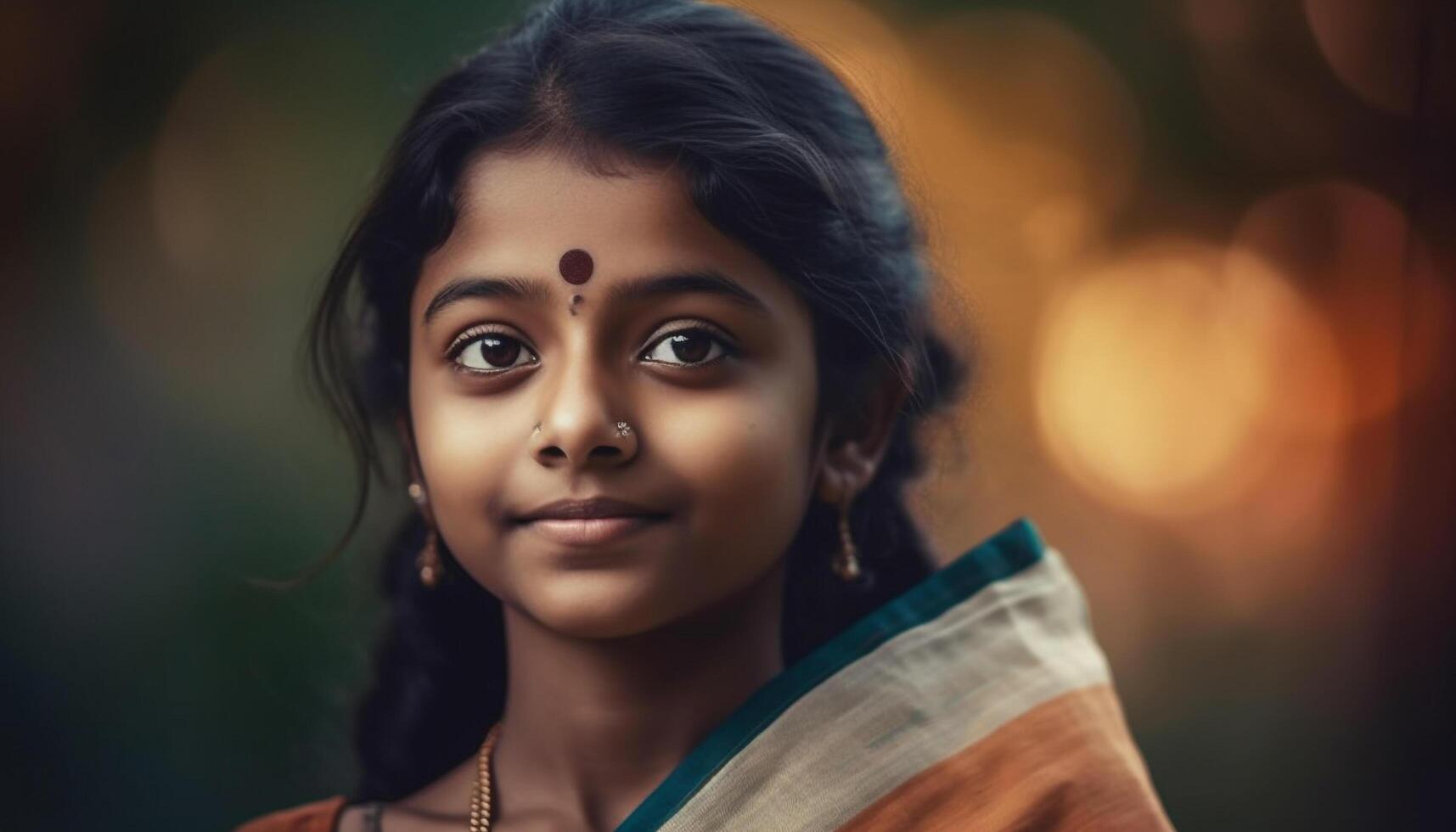 Smiling Indian girl in traditional clothing outdoors generated by AI photo