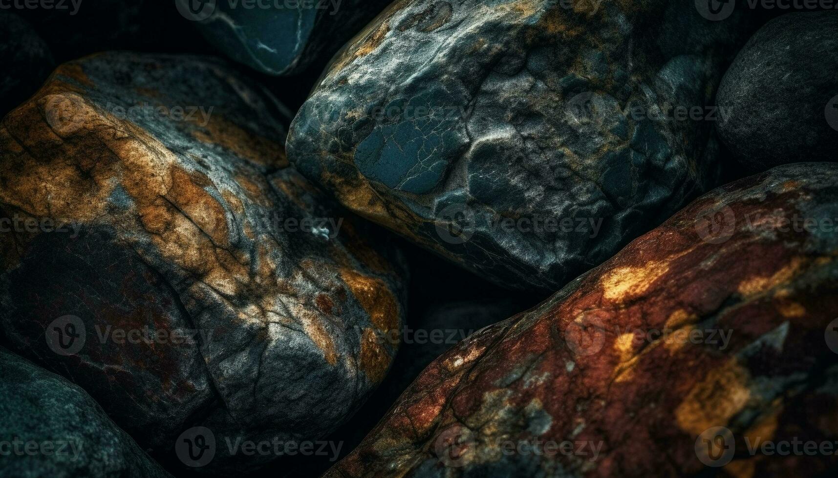 Smooth pebbles stack in wet, shiny pattern generated by AI photo