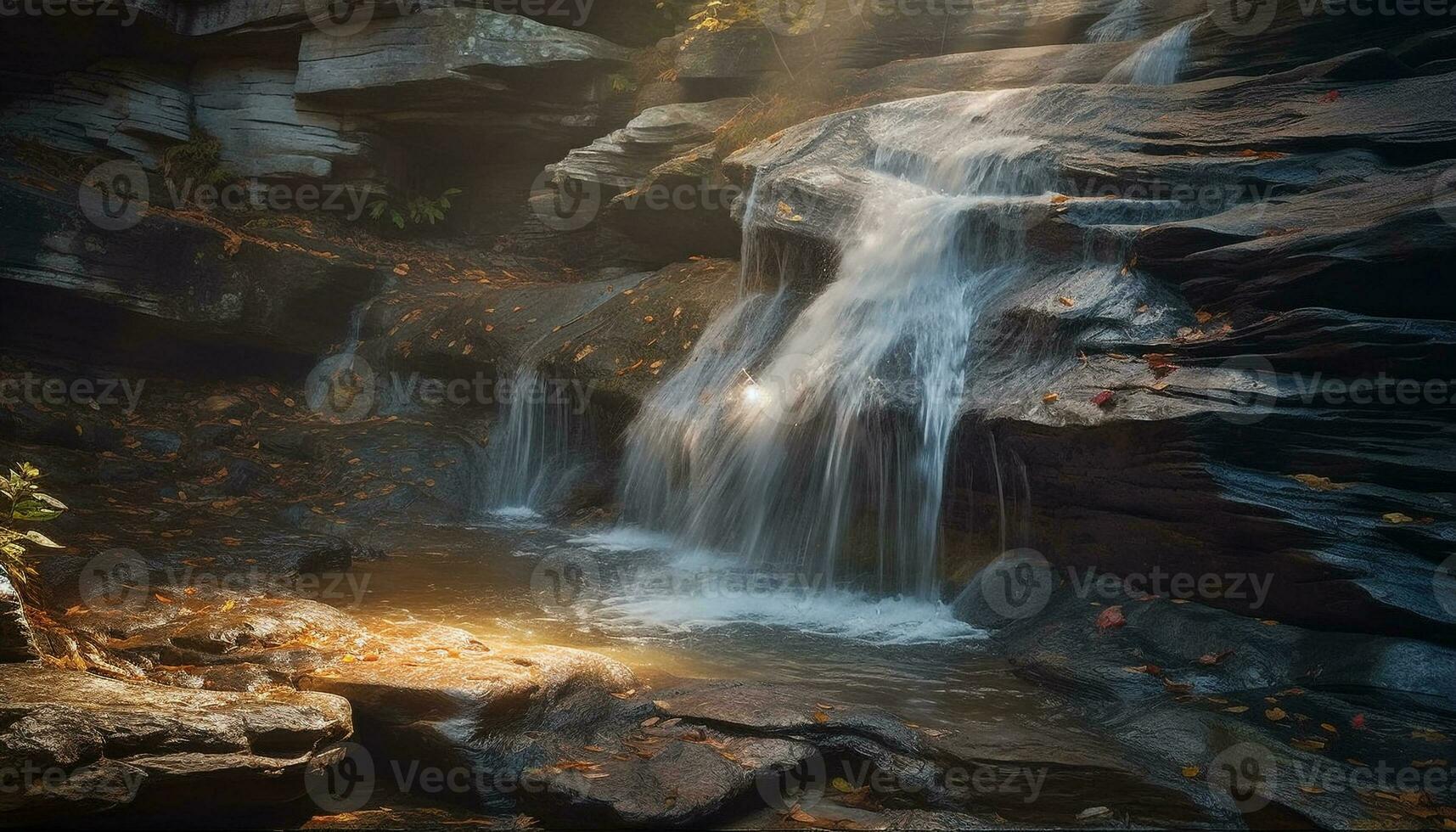 Flowing water falls over rocks in forest generated by AI photo