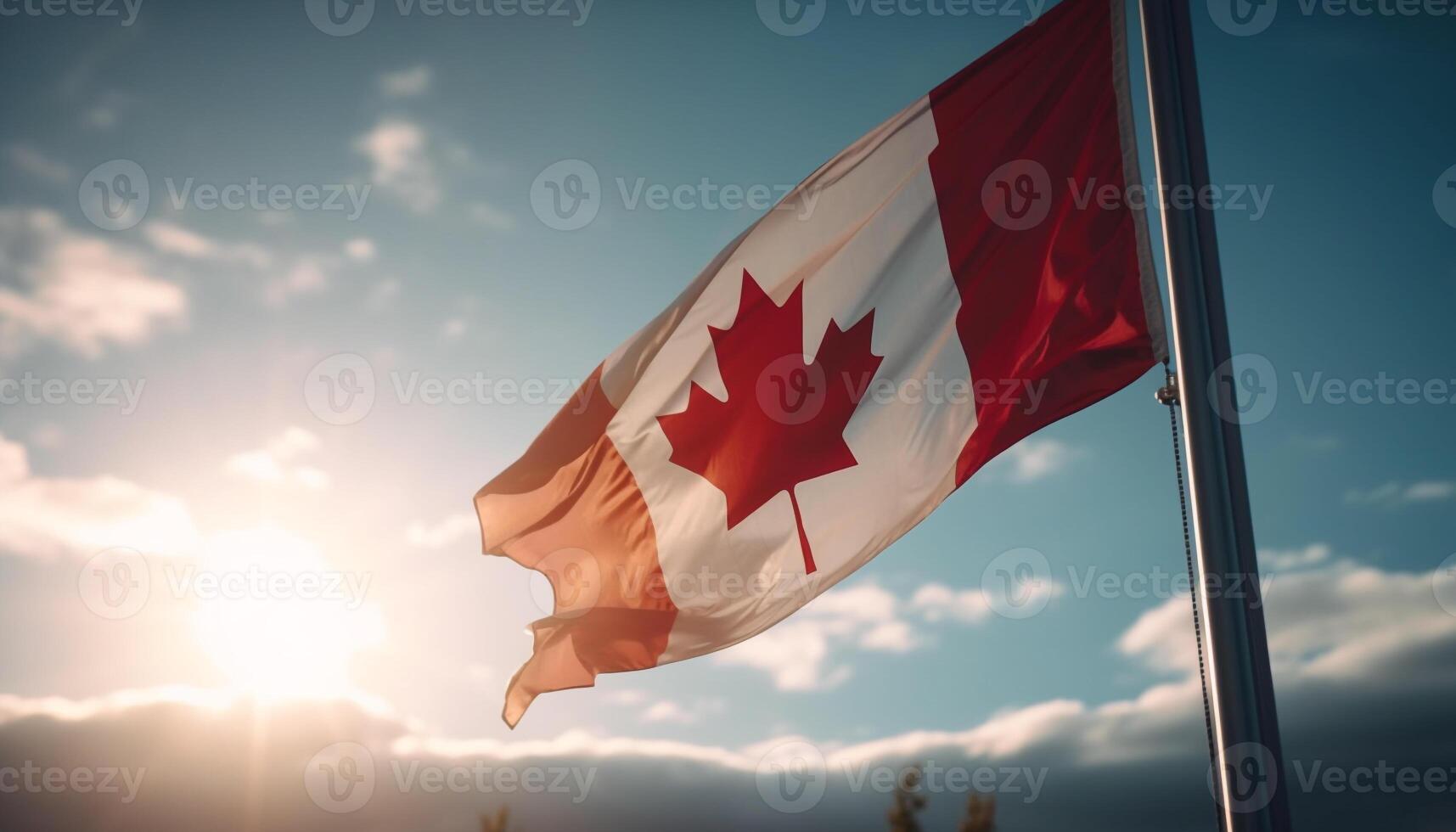 Canadian flag waving in the bright sunlight generated by AI photo