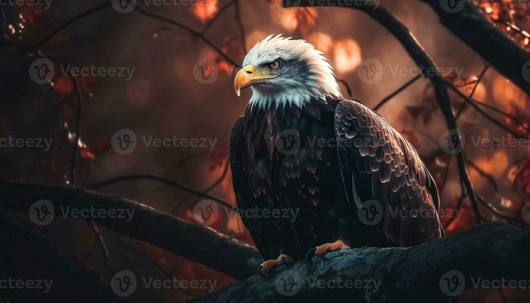 Majestic bird perching on branch, close up generated by AI photo
