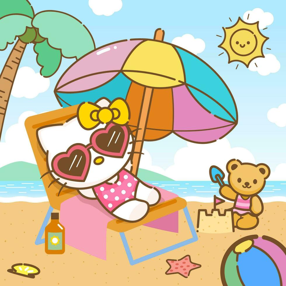 White Kitten Sunbathing in The Beach Concept vector