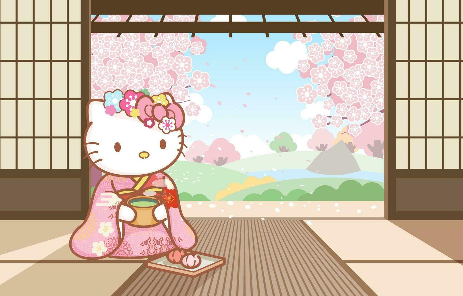 White Kitten Enjoying Japanese Tea with Cherry Blossom Garden Background vector