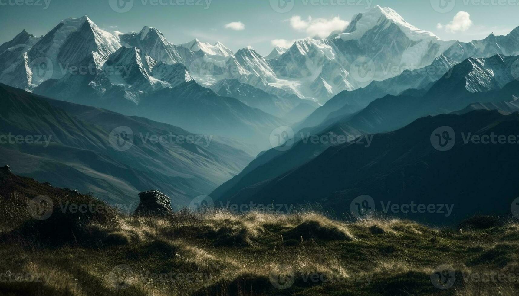 Majestic mountain range, tranquil meadow, panoramic beauty generated by AI photo