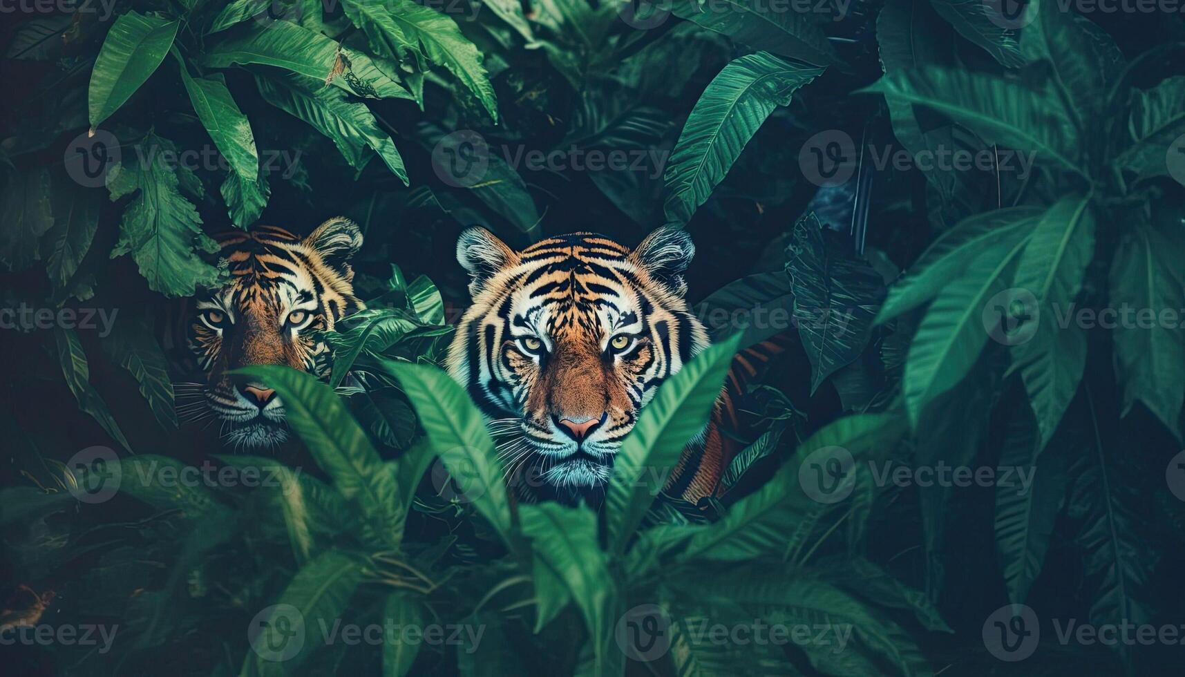 Tigers prowling through a enchanted jungle their fur imbued with shimmering otherworldly patterns photo