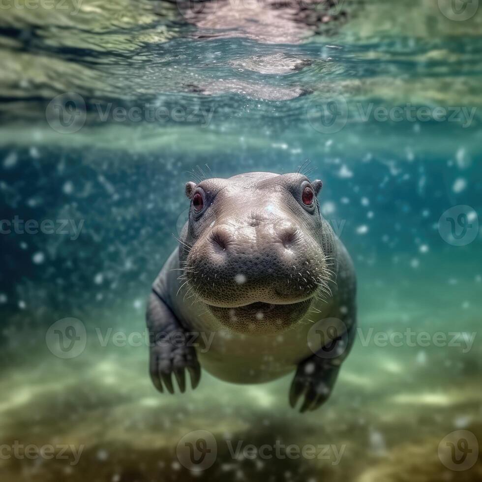 hipopótamo nadando submarino, ai generado. foto