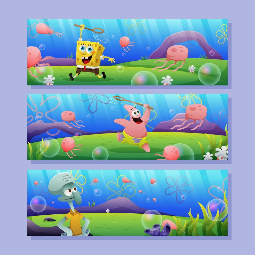 Yellow Sponge with Friends Playing in Jelly Fish Park vector