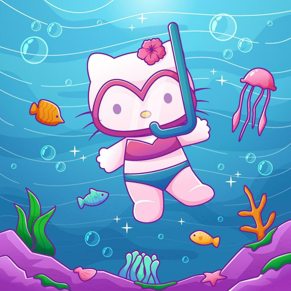 Cute Cat Swimming Under the Sea vector