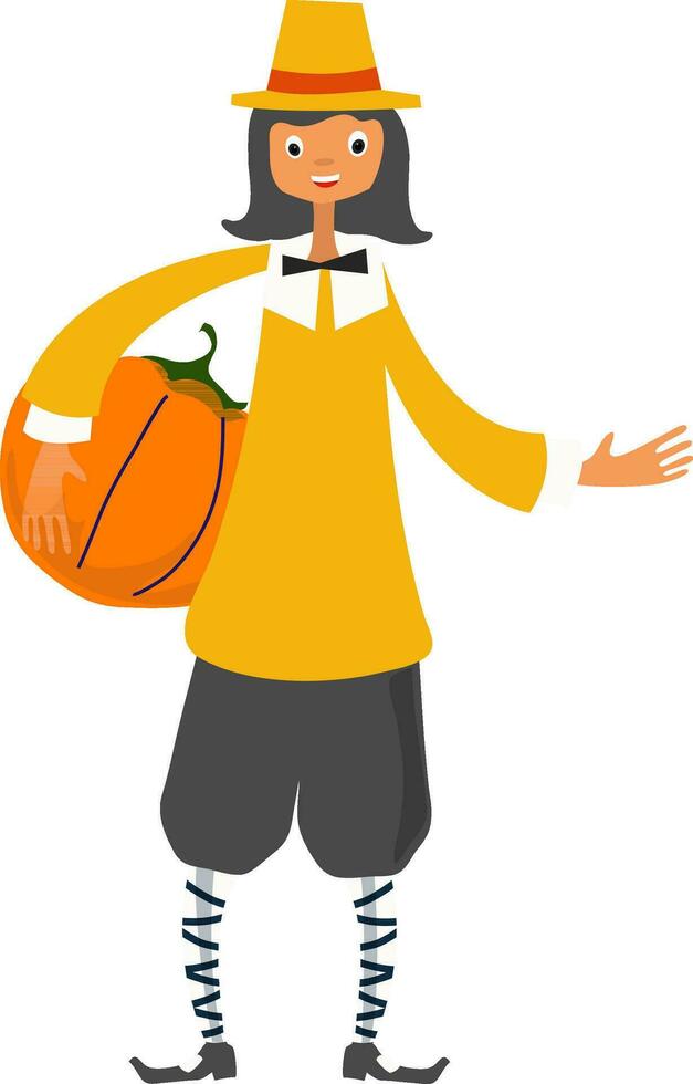 Character of man holding pumpkin. vector