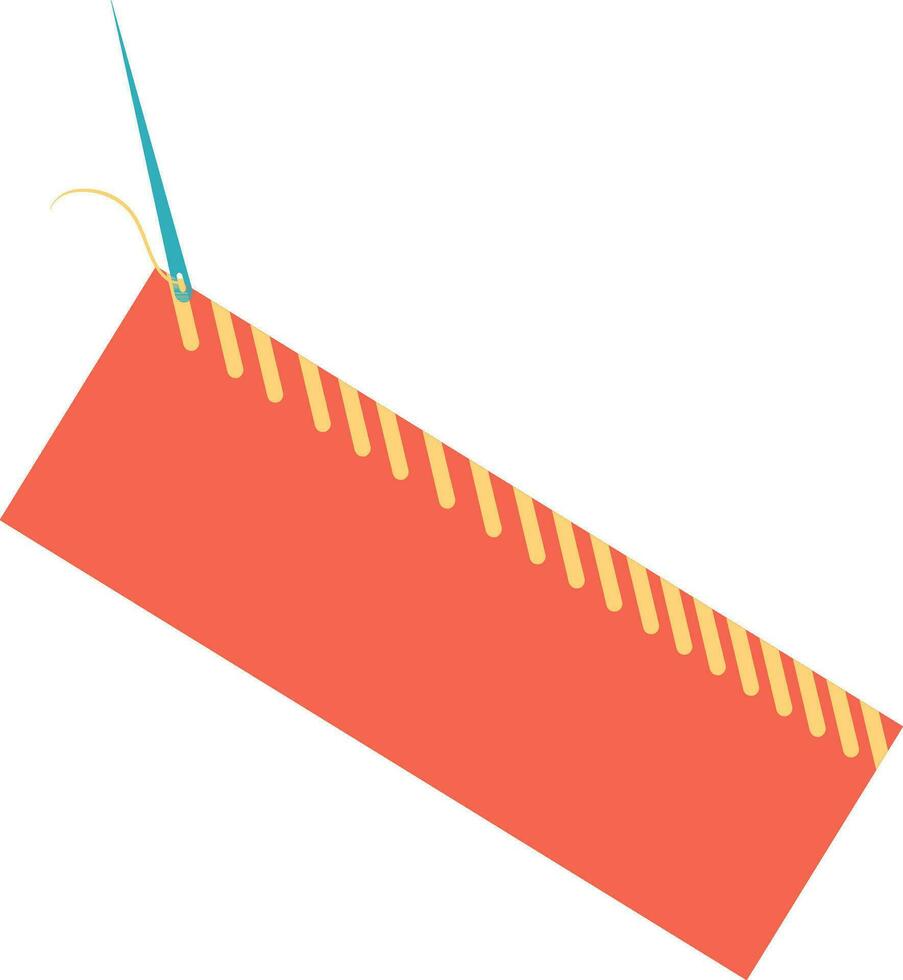 Sewing orange and yellow cloth peace with blue needle. vector