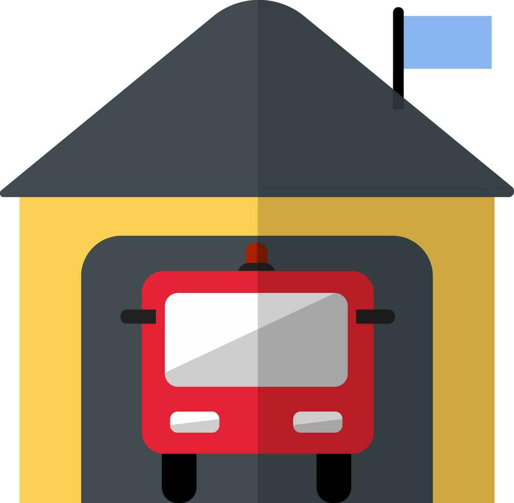 Icon of fire station with truck in flat style. vector