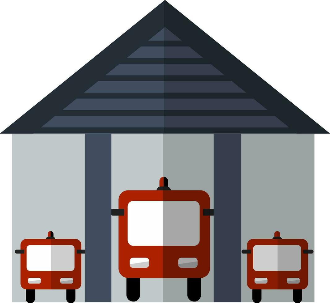 Illustration of fire station with trucks in front view. vector