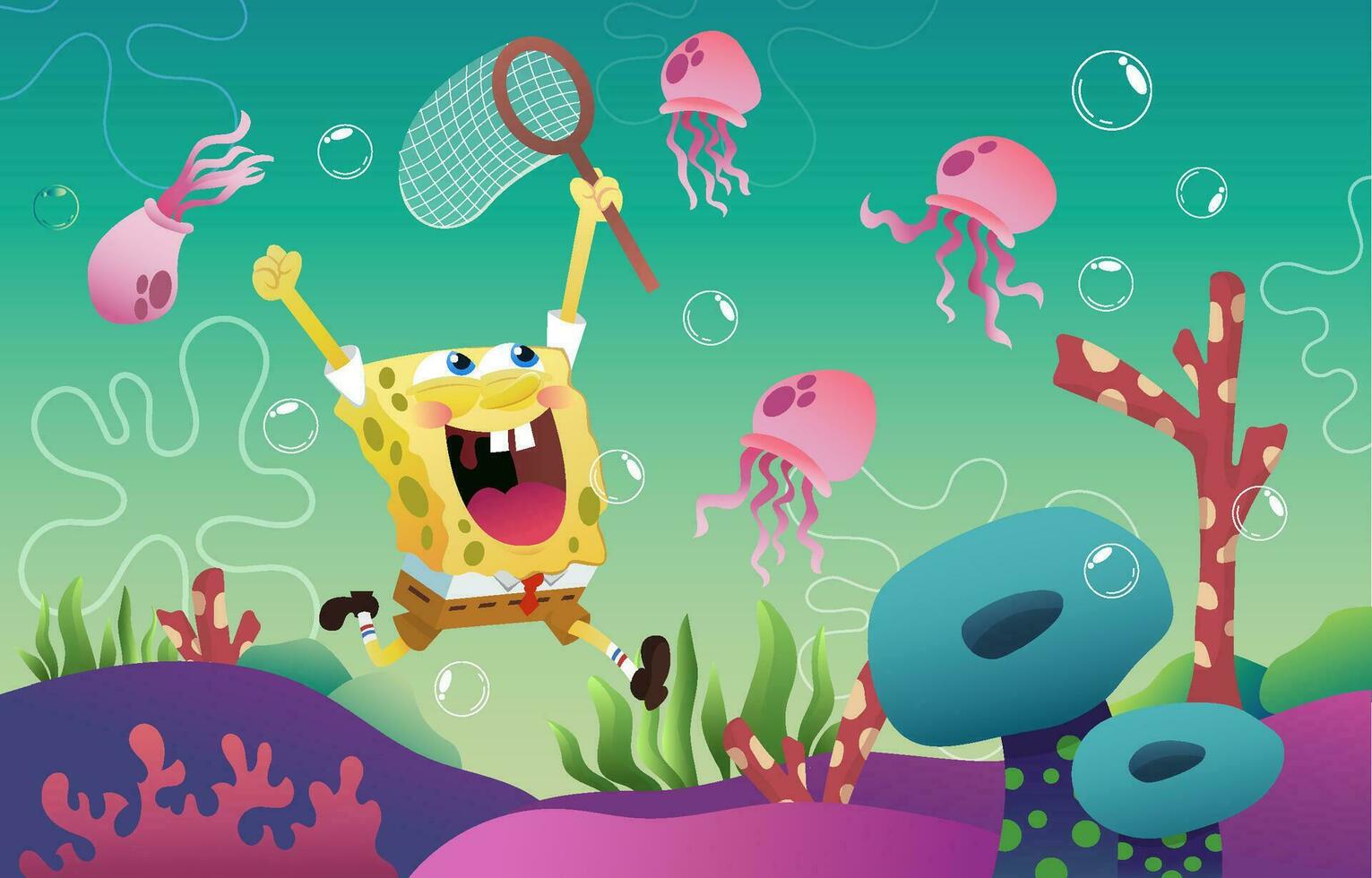 Cute Yellow Sponge Character Chasing Jelly Fishes vector