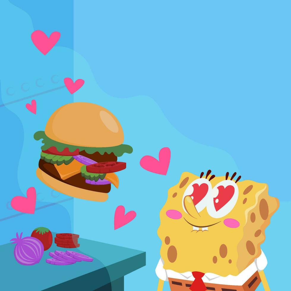 Cute Yellow Sponge Character Dreaming of Burger vector