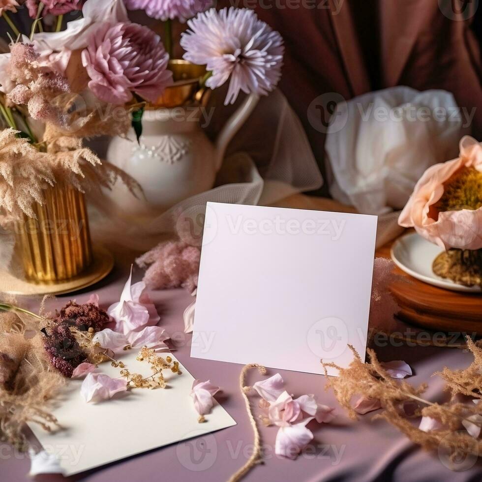 Tabletop Mock-Up Empty Paper Card with Dried Flowers. AI photo