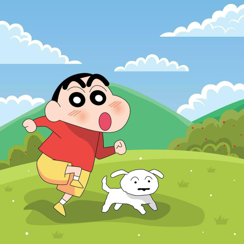 A Boy with His Pets Running at the Green Field Mountain Panorama vector