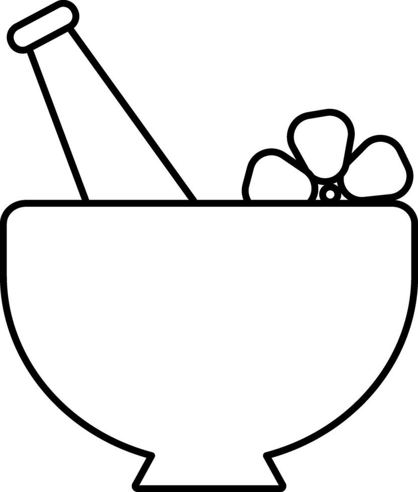 Line art icon of mortar and pestle with flower. vector