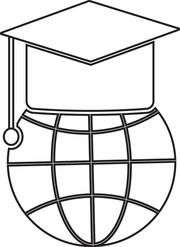 Morterboard on earth globe in black line art. vector