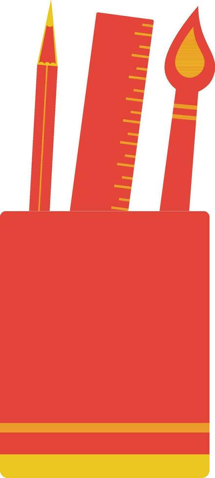 Orange and yellow pencil cup in brush and ruler scale. vector