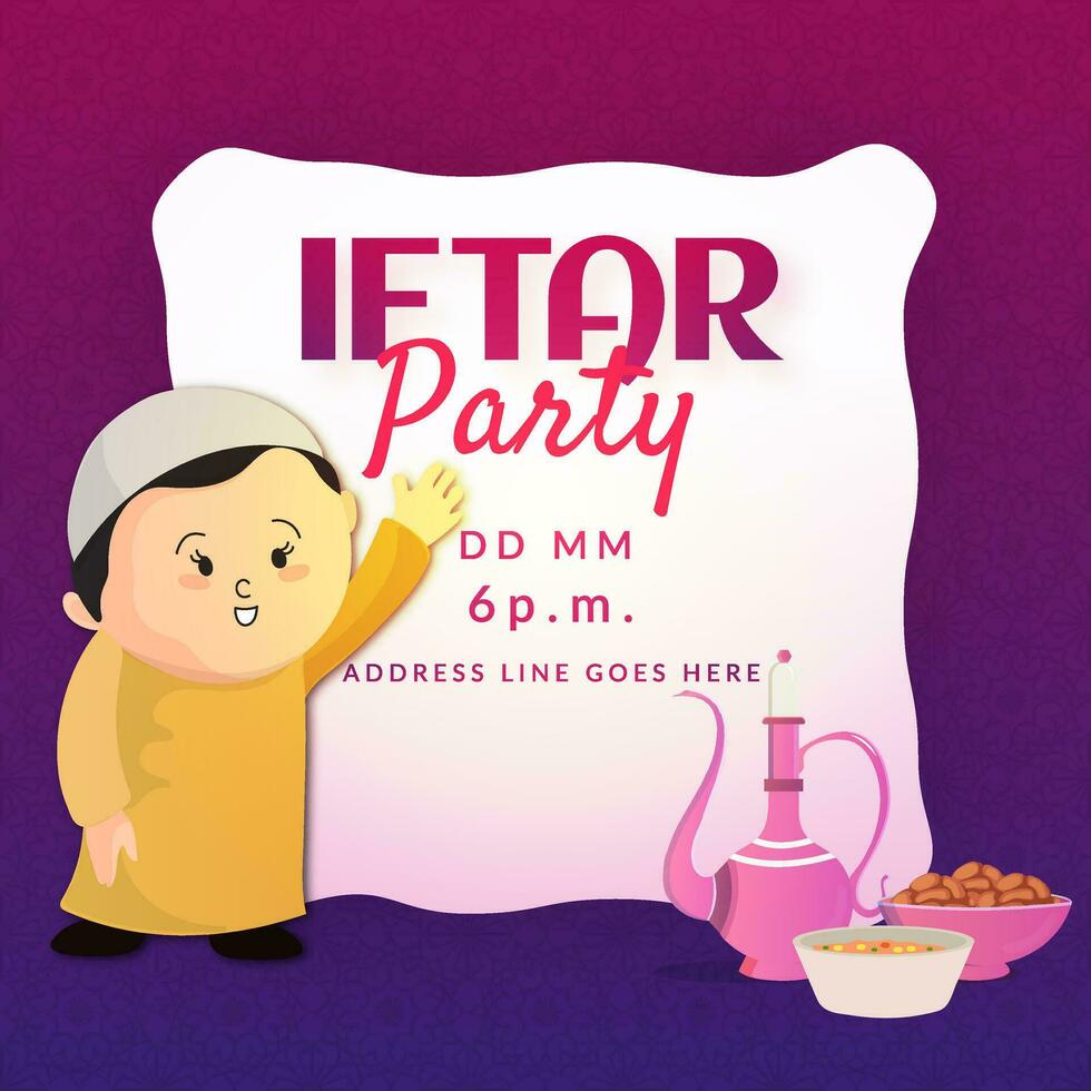 Characterof a boy inviting Iftar Party on 6pm vector