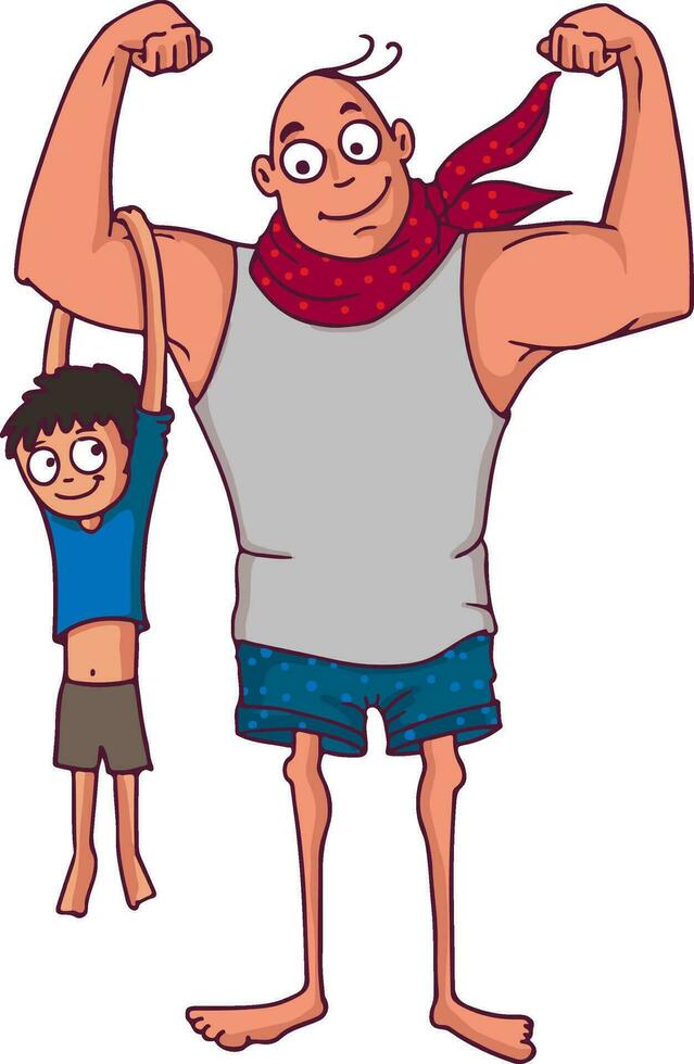 Little boy hanging on his father's strong arm. vector