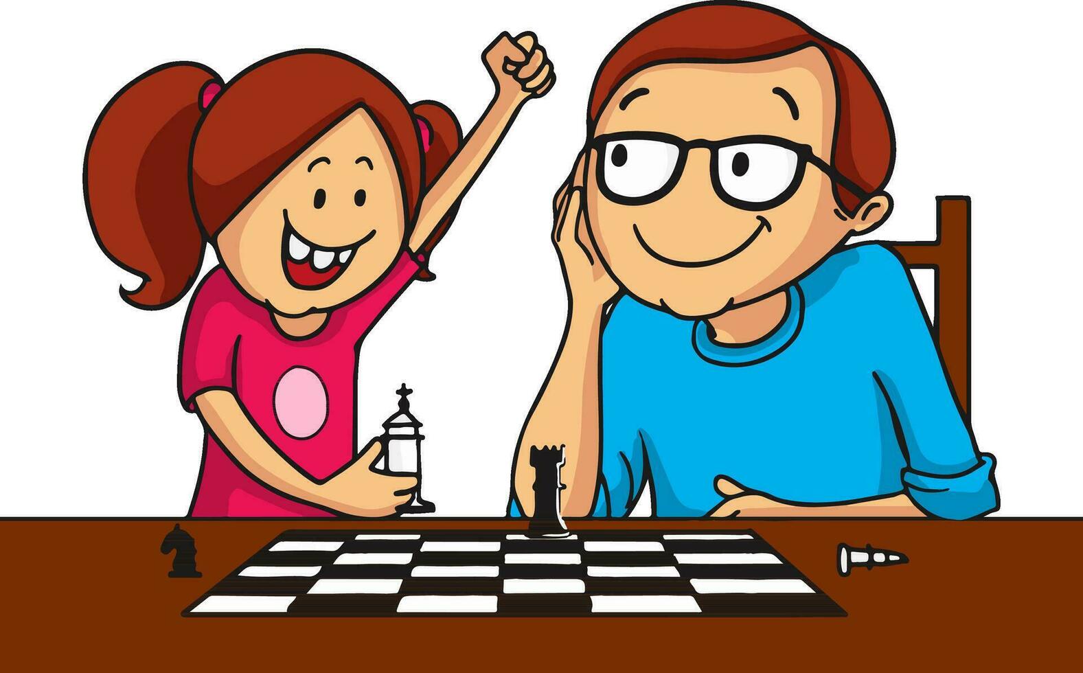 Father and daughter playing chess together. vector