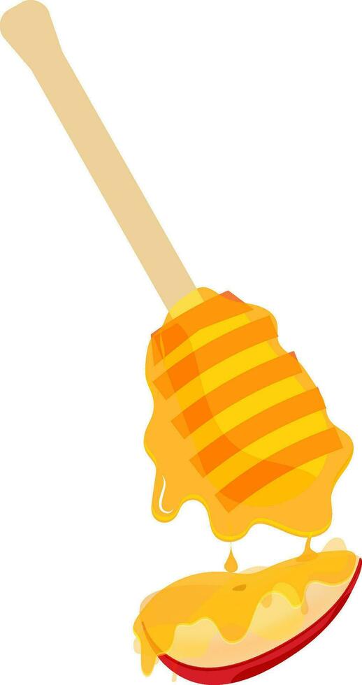 Glossy yellow and orange abstract dipper with honey on apple. vector