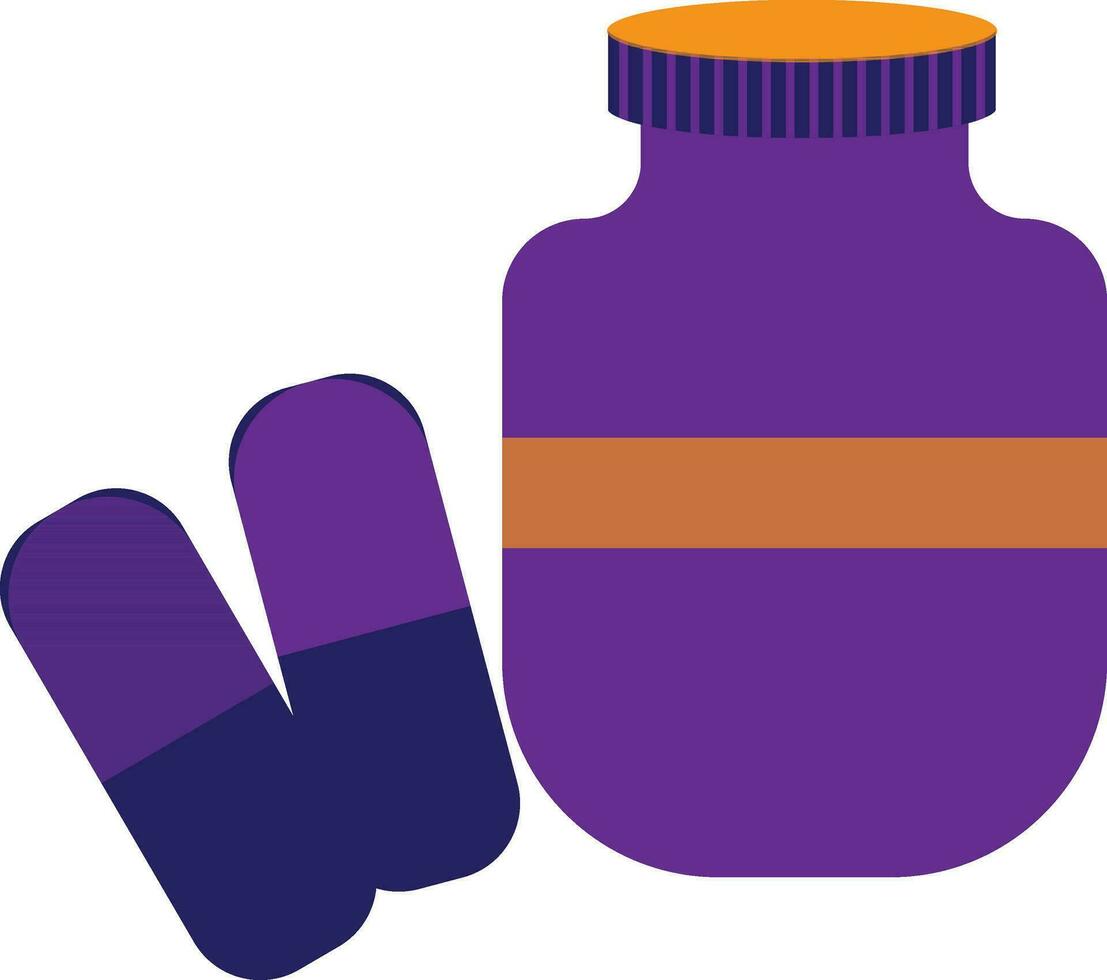 Purple and orange medicine bottle with blue pills. vector