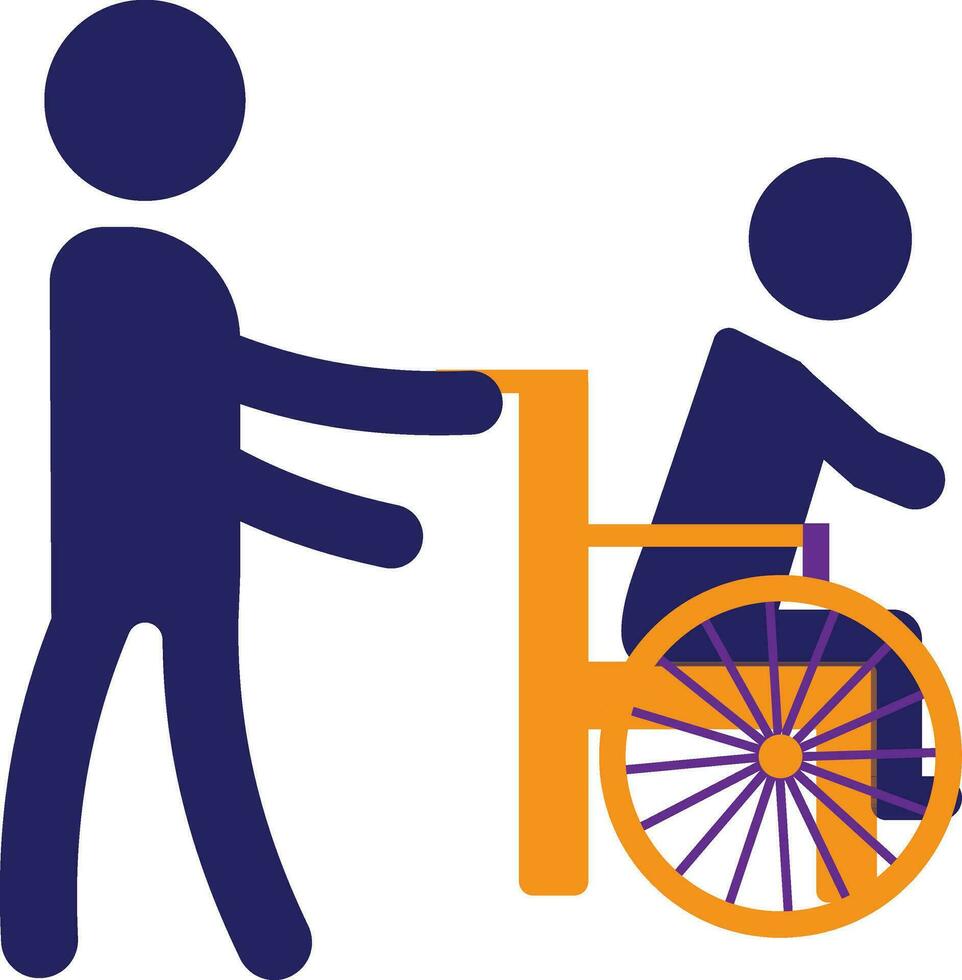 Character of faceless blue man holding orange wheelchair. vector
