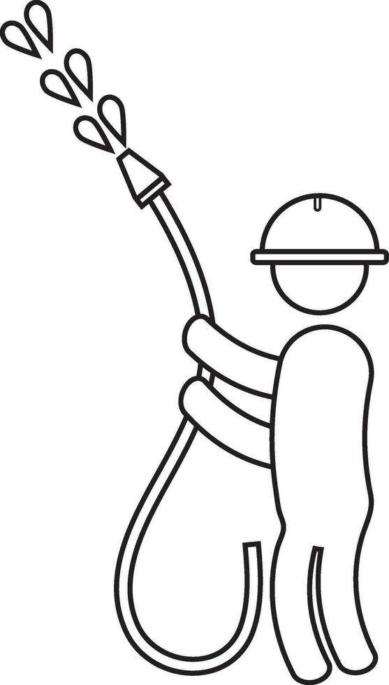 Character of fireman holding hose in black line art. vector