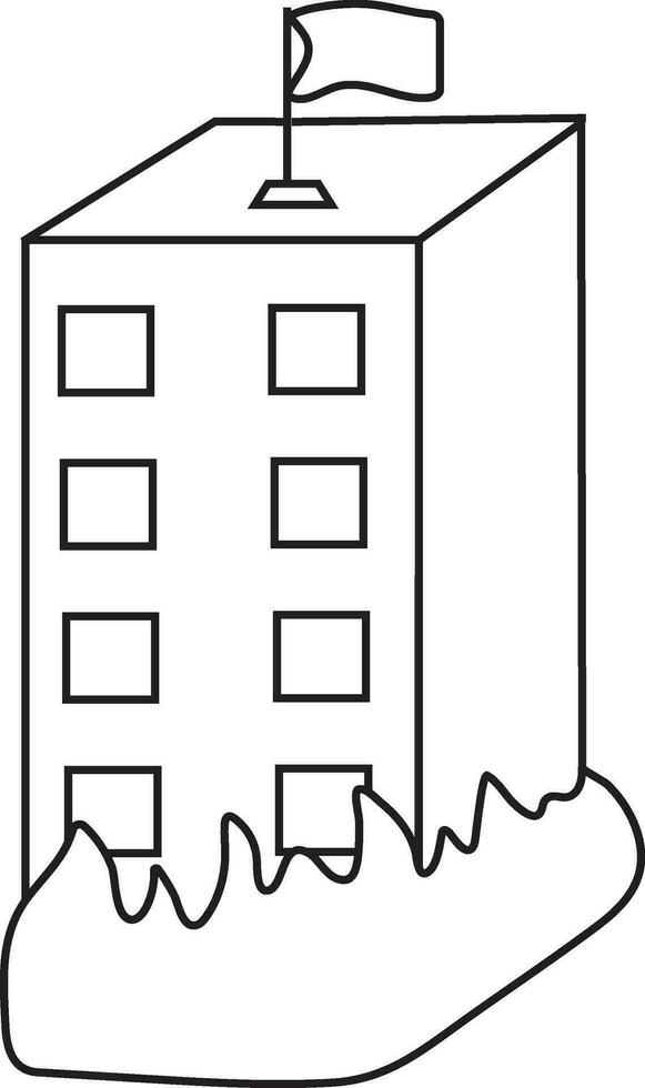 bandera en ardiente edificio en negro línea Arte. vector