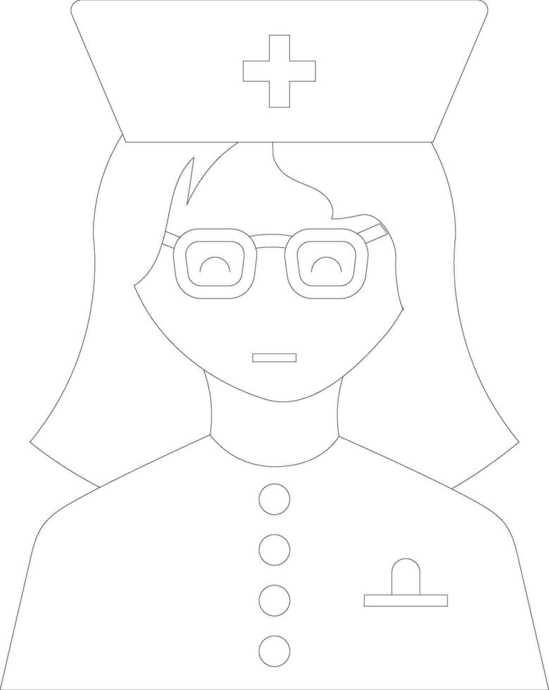 Character of female wearing nurse cap in black line art. vector
