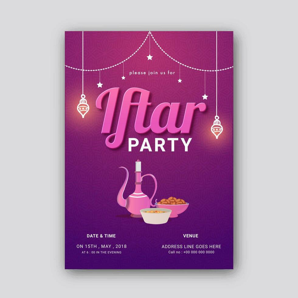 Hanging lantern and bunting star decorated text Iftar Party. vector