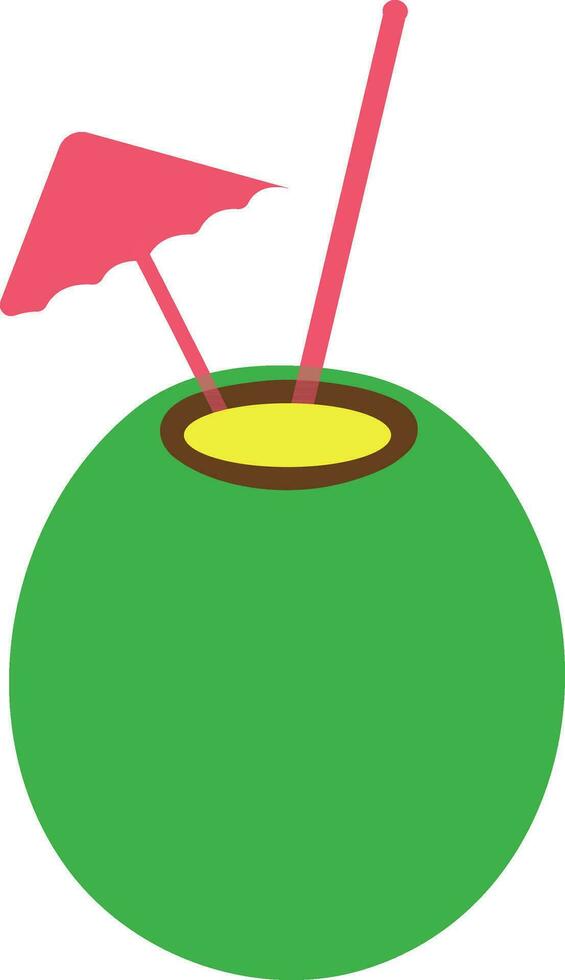Pink umbrella with straw in green coconut. vector