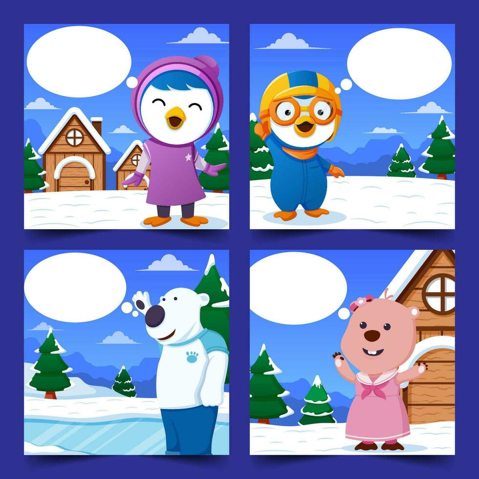 Blue Penguin and Friends Social Media Post Collection vector