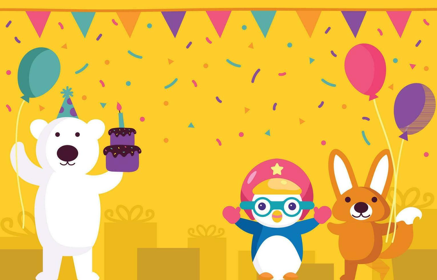 linda pequeño pingüino y amigos cumpleaños fiesta vector